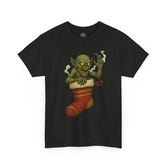 Stocking Stalker tattoo-style illustration printed on black T-shirt