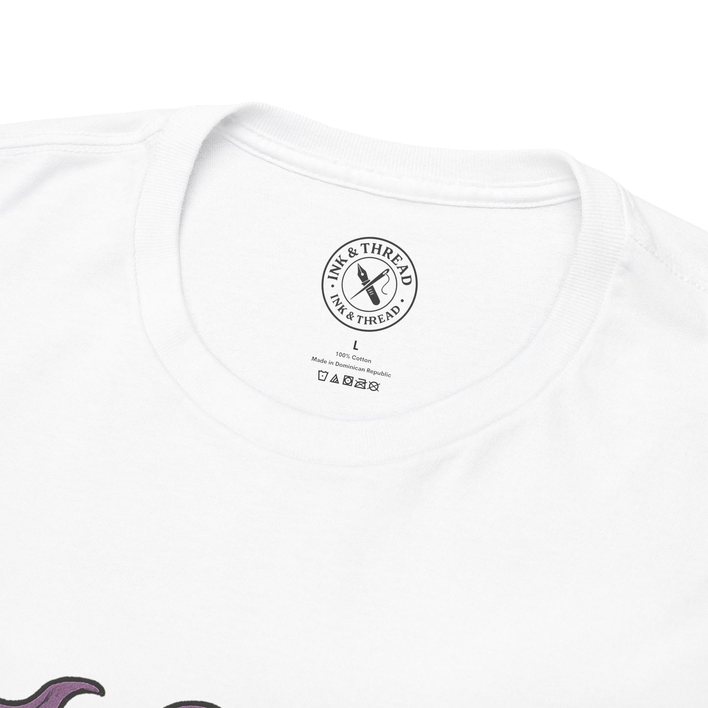 White t-shirt with Ink & Thread logo and text on a white background
