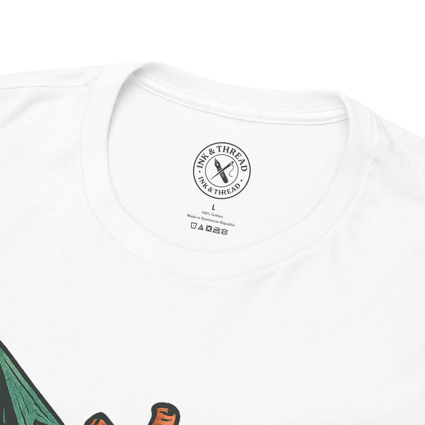 White t-shirt with a brand logo on a white background