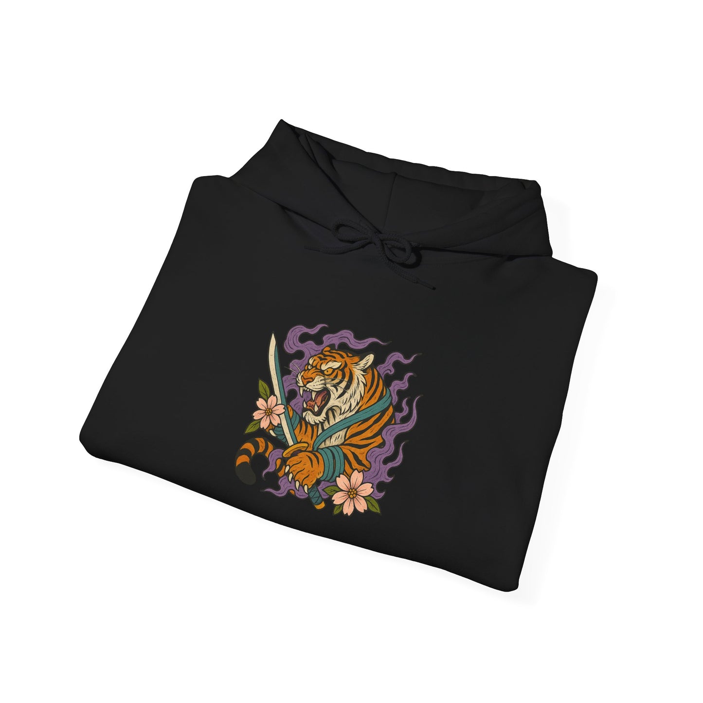Black hoodie with a colorful tiger design on a white background