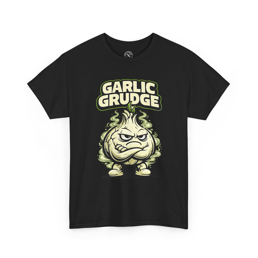 Black t-shirt with 'Garlic Grudge' graphic design on a white background