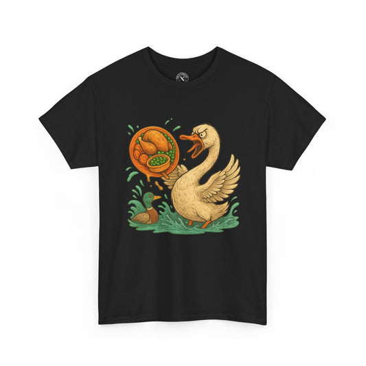 Black t-shirt with a graphic of a goose and a pumpkin on a white background