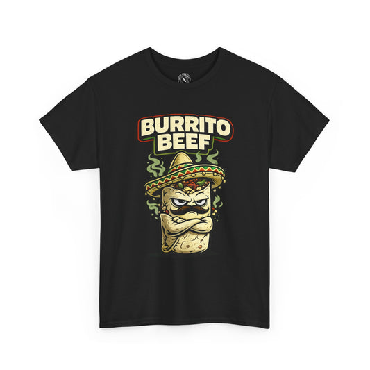 Black t-shirt with 'Burrito Beef' graphic design on a white background