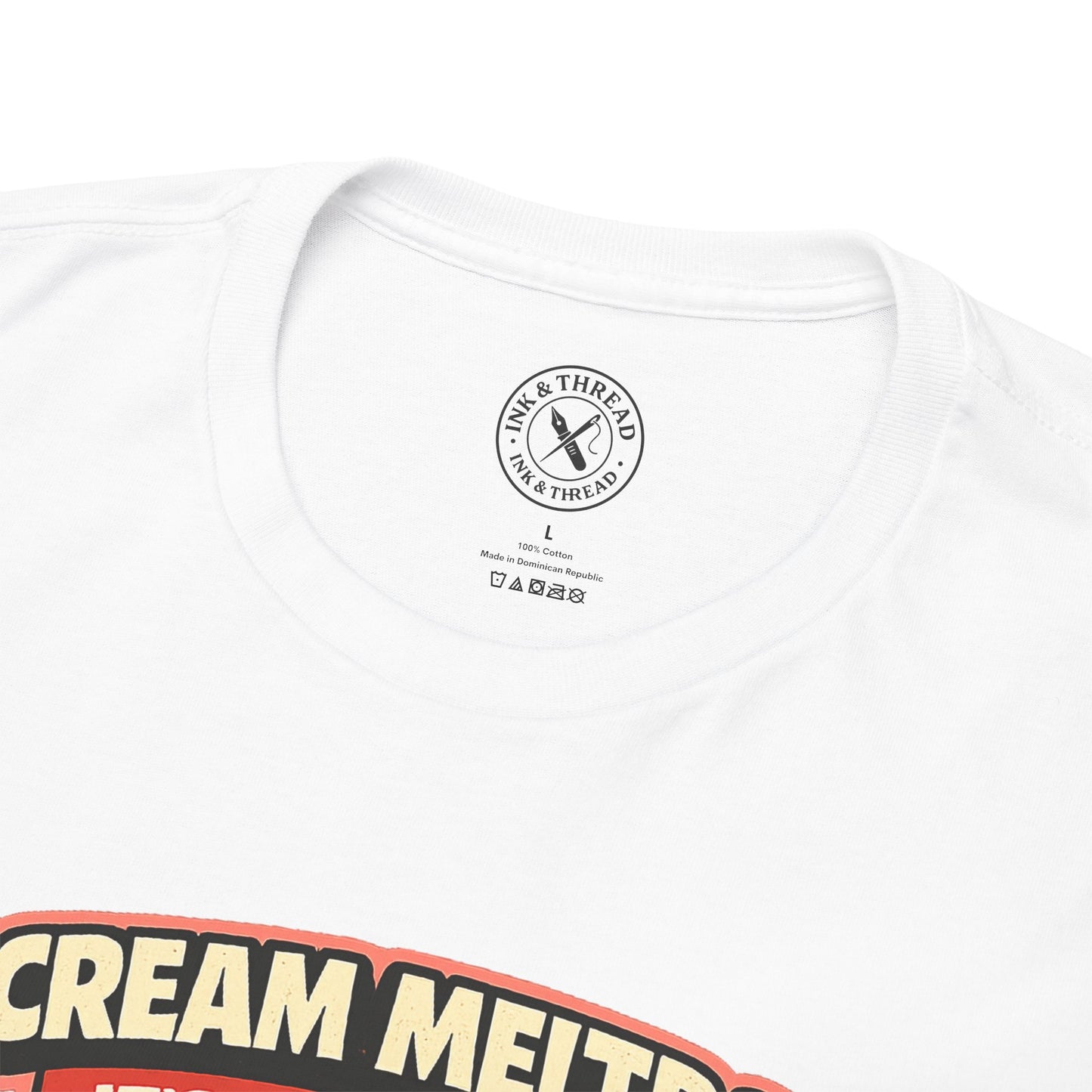 White t-shirt with a brand logo and text on a white background