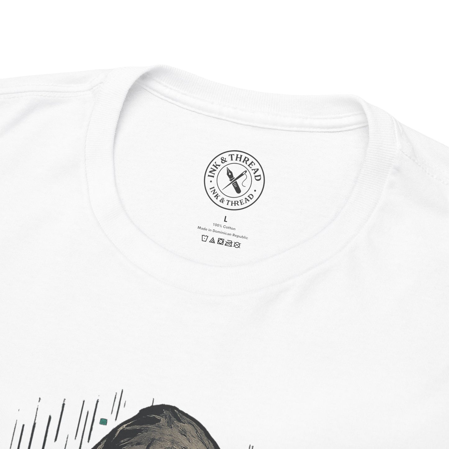 White t-shirt with a brand logo on the chest against a white background