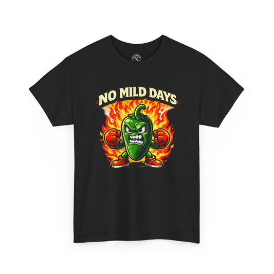 Black t-shirt with a green pepper graphic and 'No Mild Days' text on a white background
