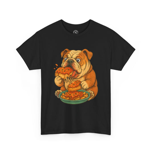 Black t-shirt with a cartoon bulldog eating pizza design on a white background
