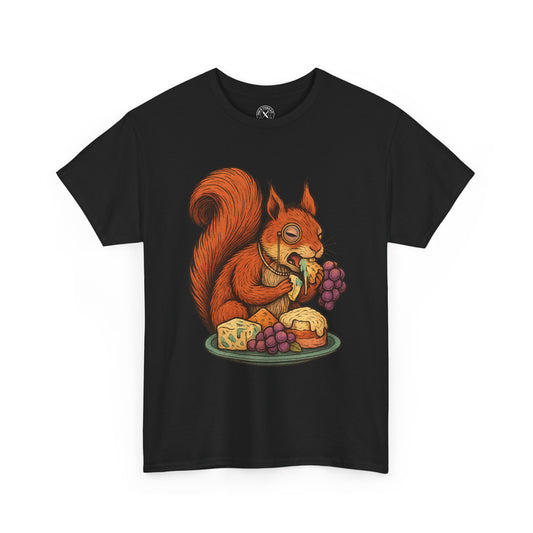 Black t-shirt with a colorful graphic of a squirrel eating cheese and grapes on a white background