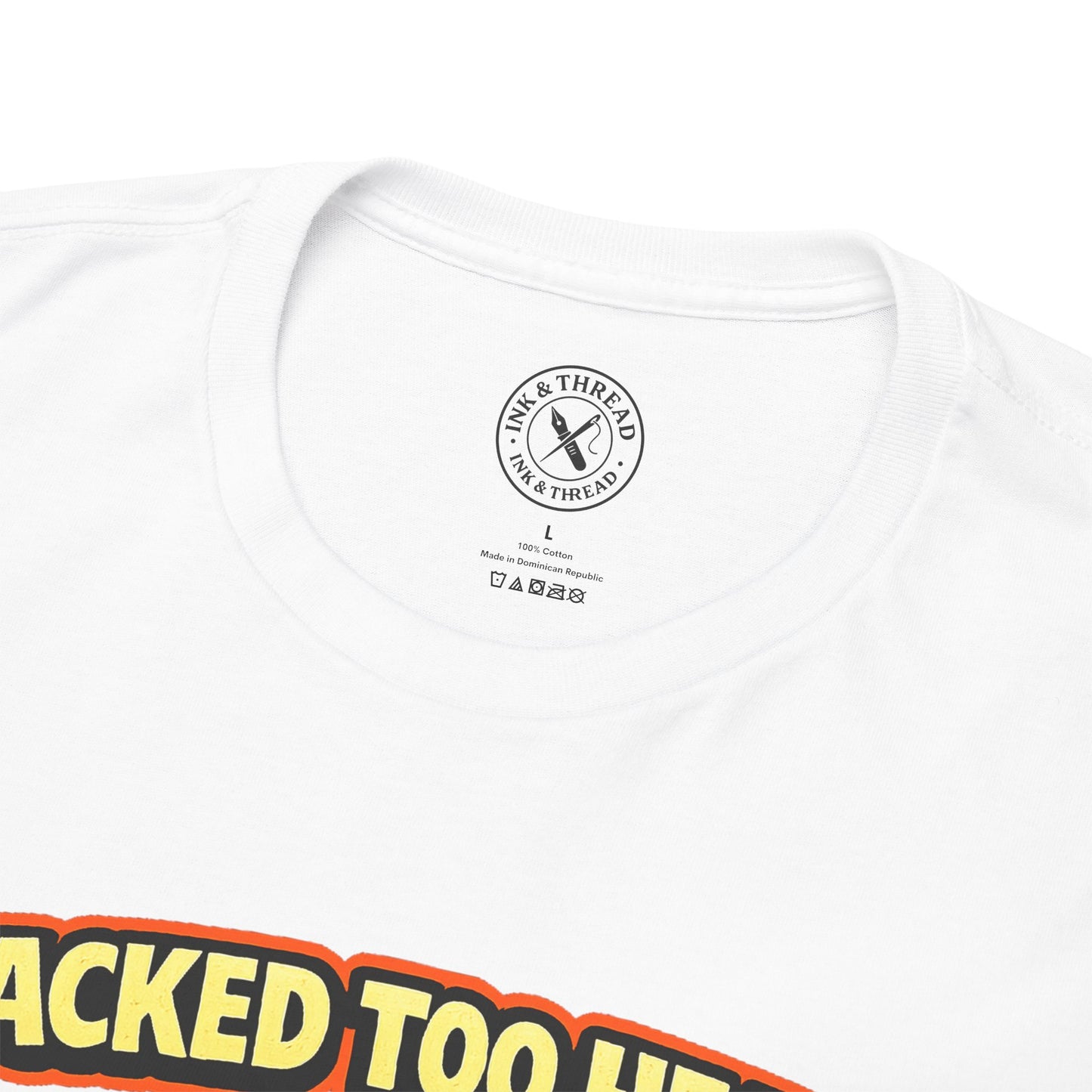 White t-shirt with a logo and text on a white background