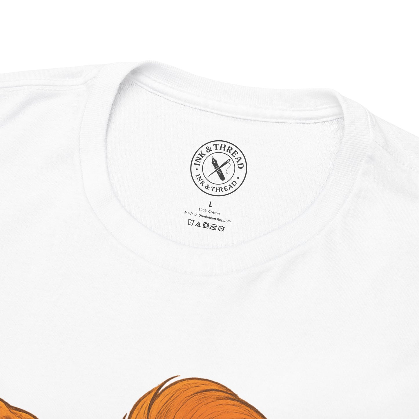 White t-shirt with a brand logo on the chest against a white background