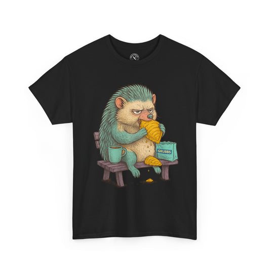 Black t-shirt with a graphic of a hedgehog holding a cup and a box on a white background
