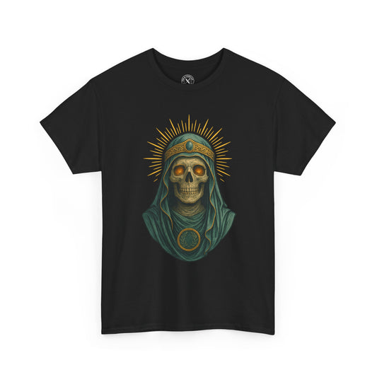 Black t-shirt with a skull design wearing a headscarf on a white background