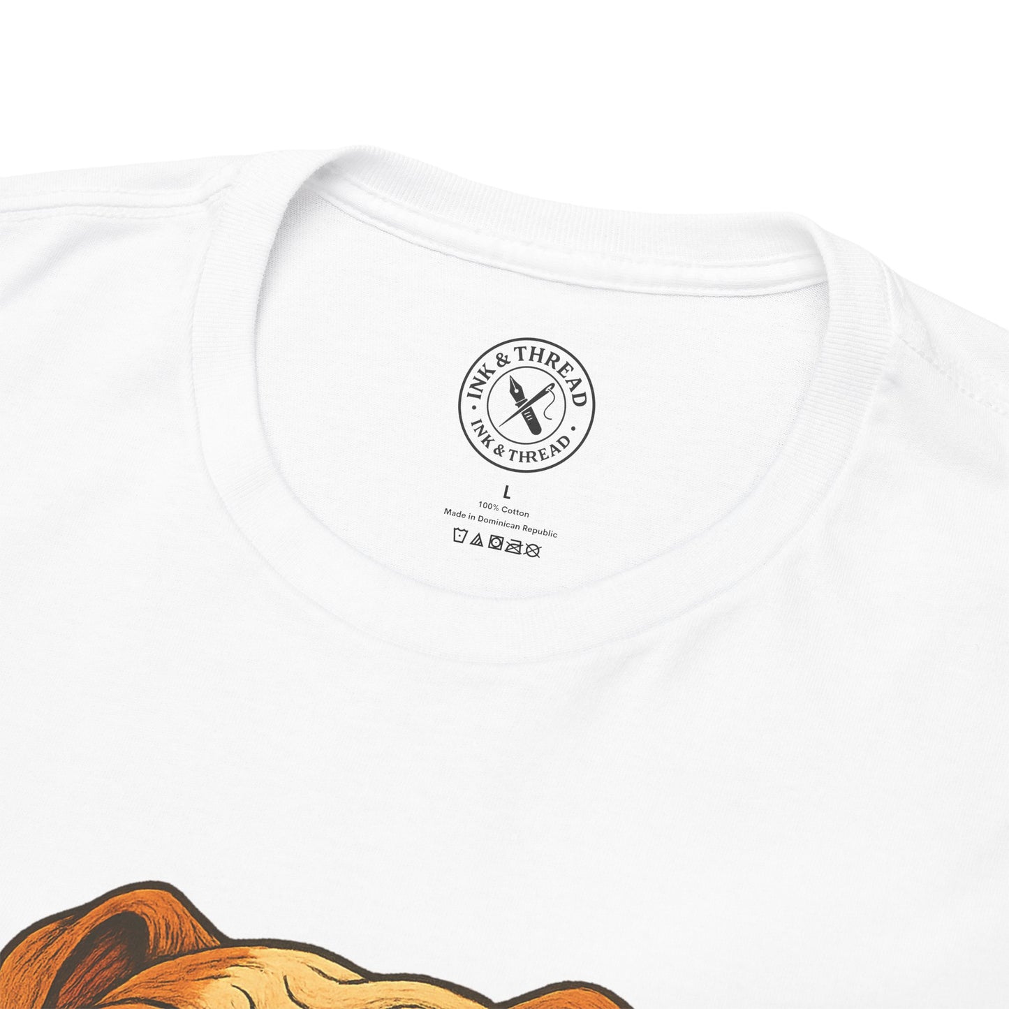 White t-shirt with a brand logo on a white background