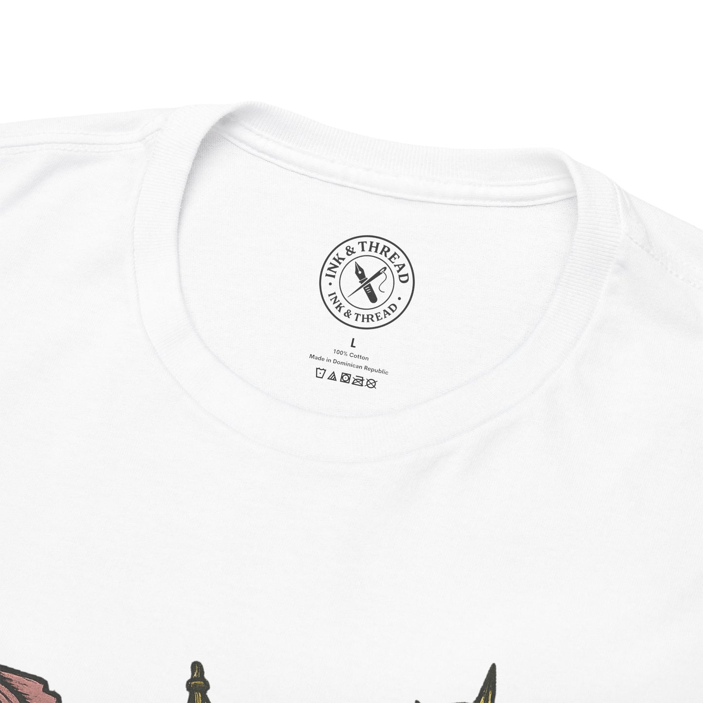 White t-shirt with a logo and text on a white background