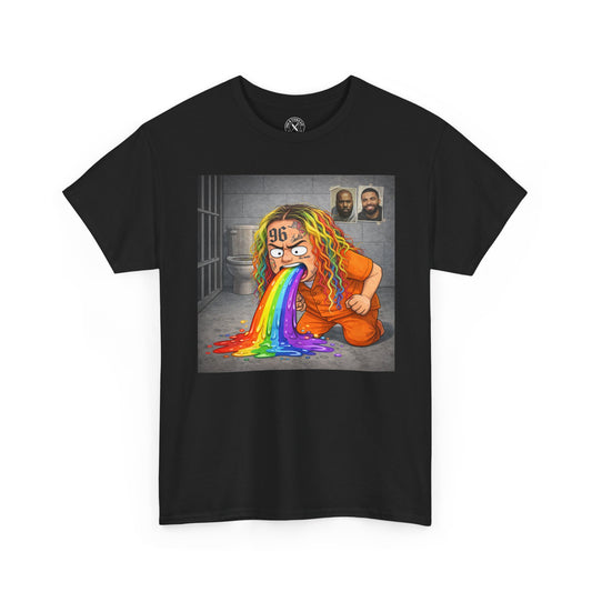 Black t-shirt with a colorful graphic of a person with rainbow hair and tattoos on a white background