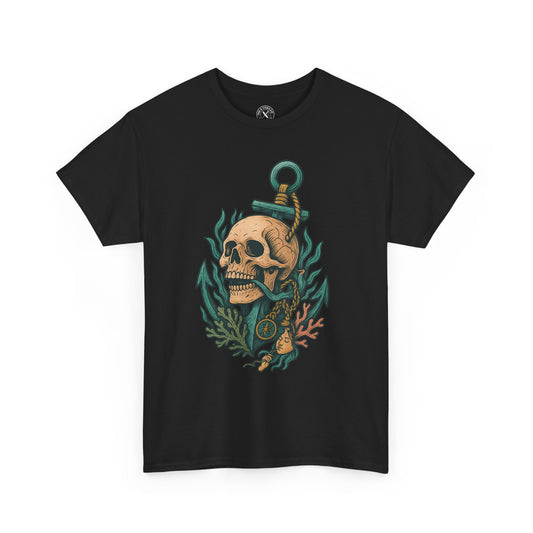 Black t-shirt with a skull and anchor design on a white background