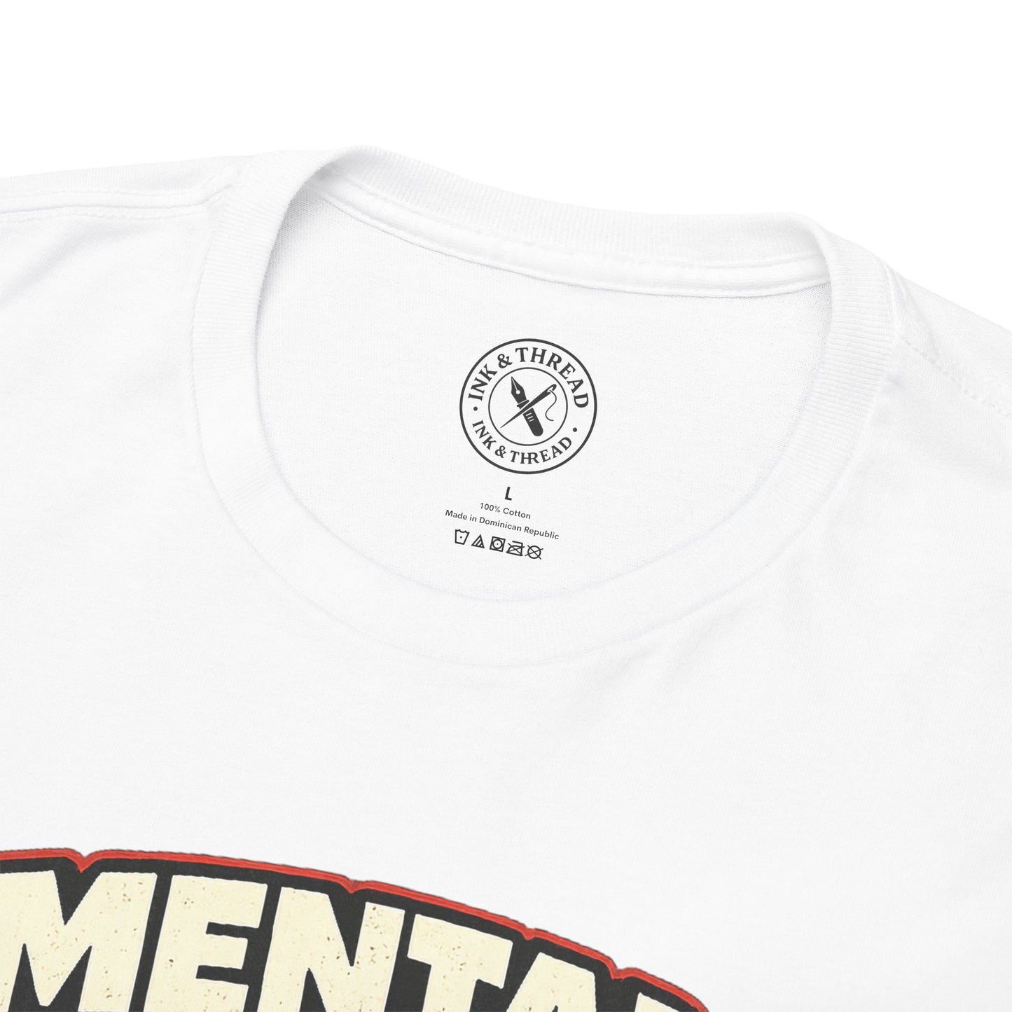 White t-shirt with a brand logo and text on a white background