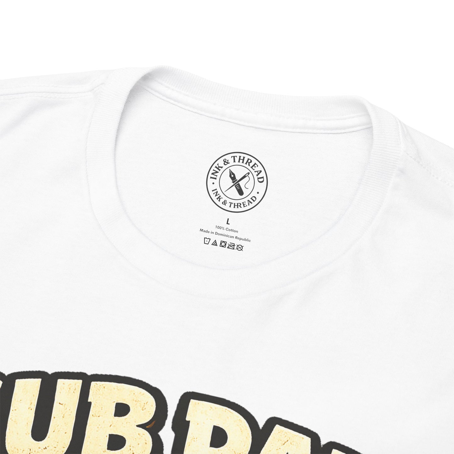 White t-shirt with a brand logo on the chest area