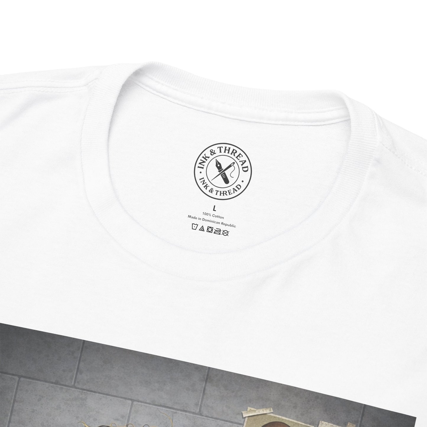 White t-shirt with a brand logo on a white background