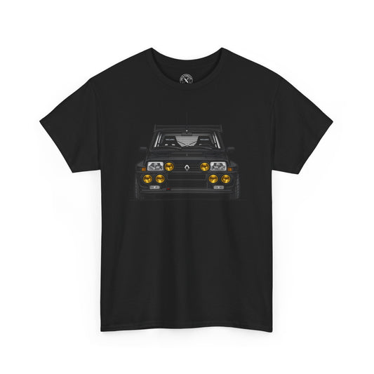 Black t-shirt with a car graphic on a white background