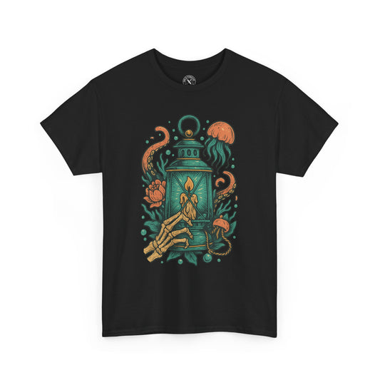 Black t-shirt with a colorful design of a lantern, skeleton hand, and flowers on a white background