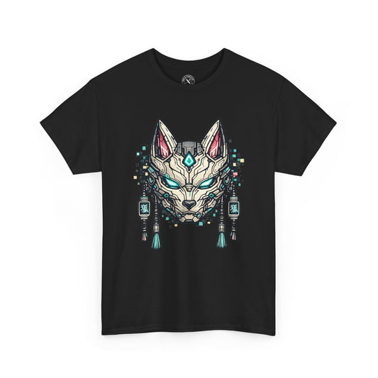 Black t-shirt with a graphic of a stylized wolf head design on a white background