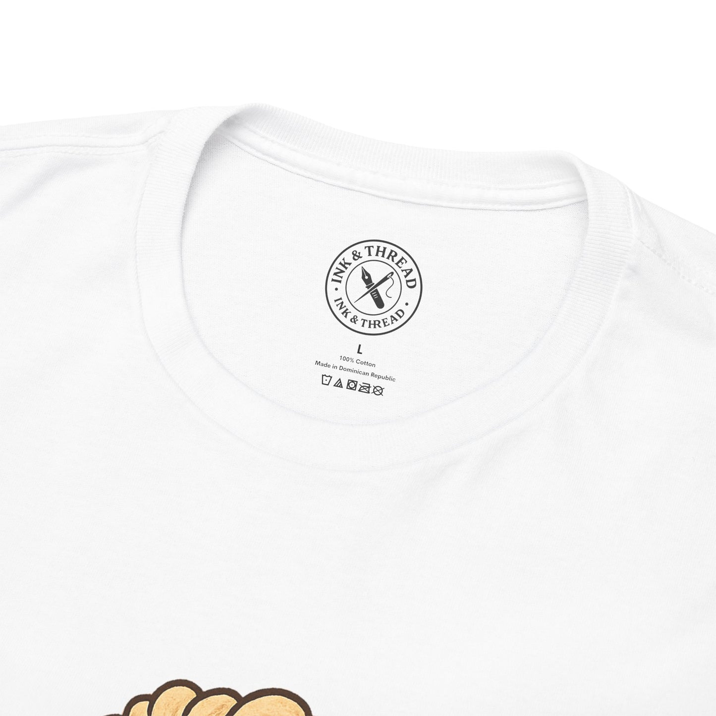 White t-shirt with a brand logo on a white background