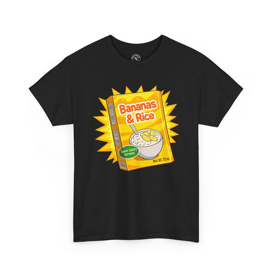 Black t-shirt with 'Bananas & Rice' cereal box graphic on a white background