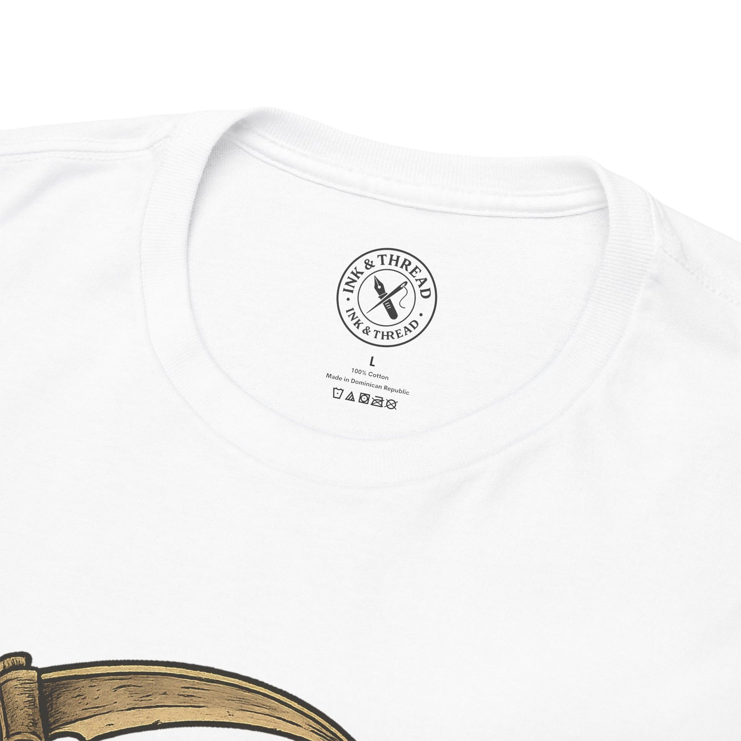 White t-shirt with a brand logo on a white background