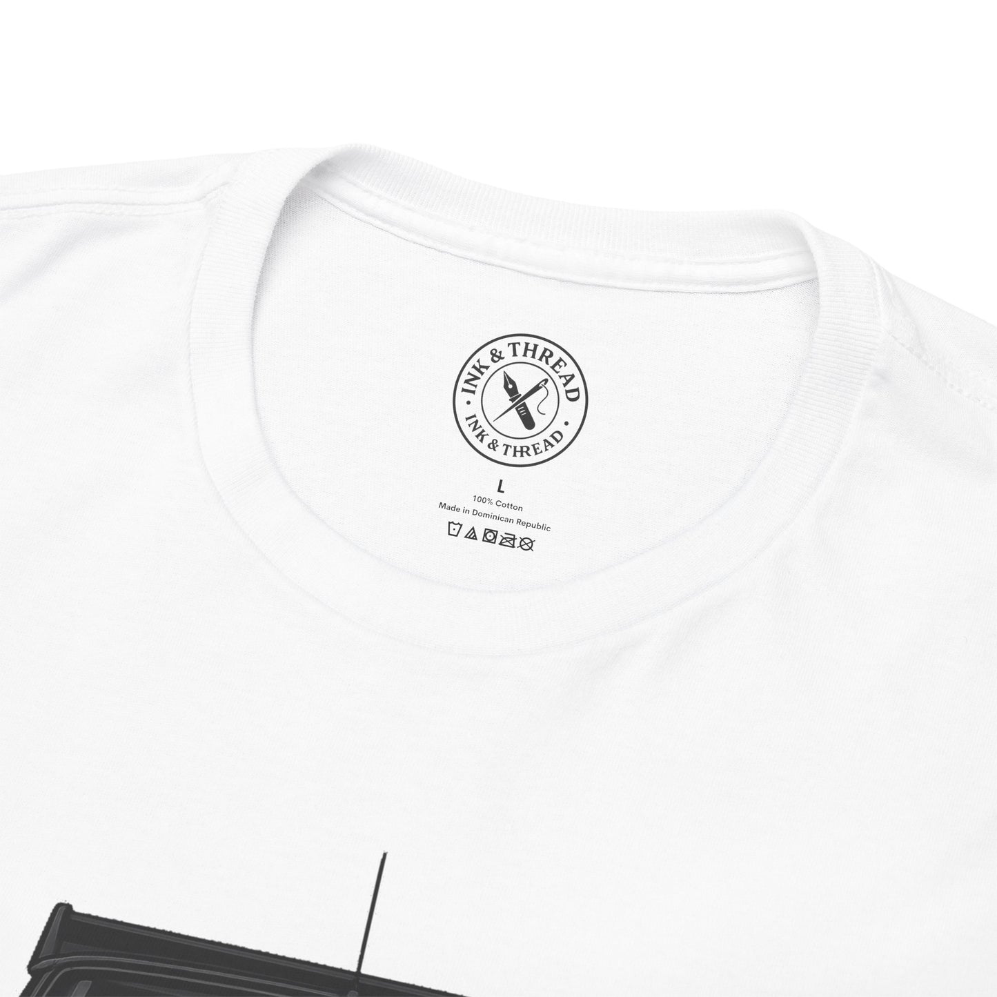 White t-shirt with Ink & Thread logo and text on a white background