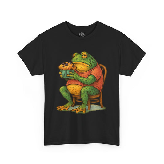 Black t-shirt with a frog graphic holding a cupcake on a white background