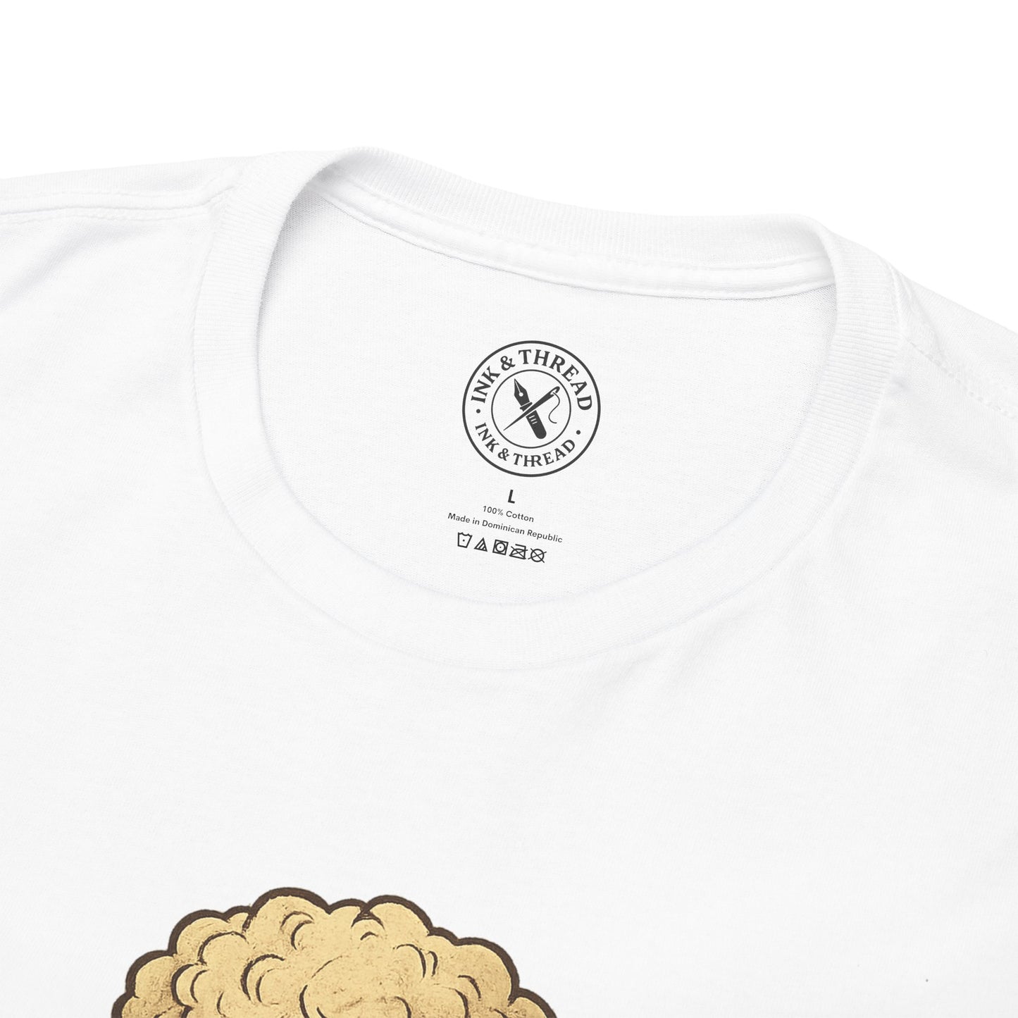 White t-shirt with a brand logo on a white background
