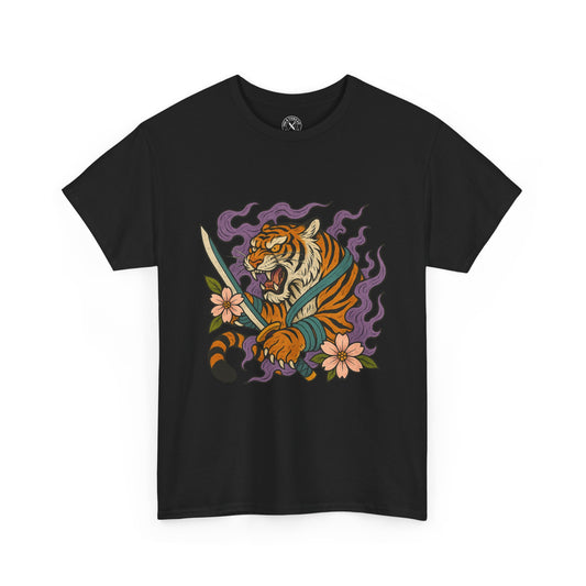 Black t-shirt with a colorful tiger design on a white background