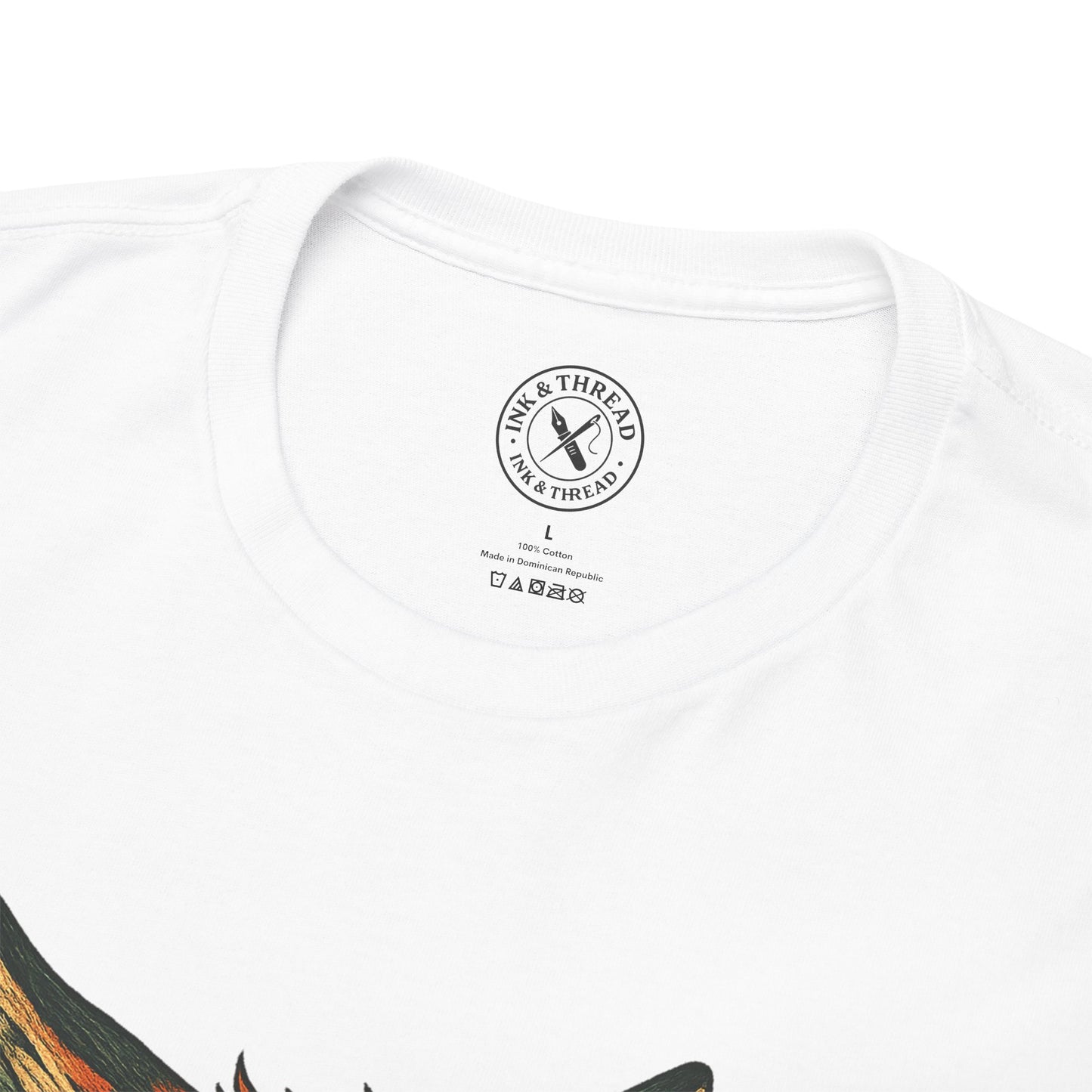 White t-shirt with a brand logo on a white background