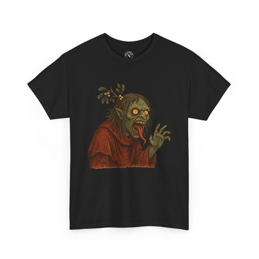 Midnight Mistle-Thing tattoo-style botanical horror illustration printed on black T-shirt