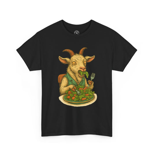 Black t-shirt with a graphic of a goat eating salad on a white background