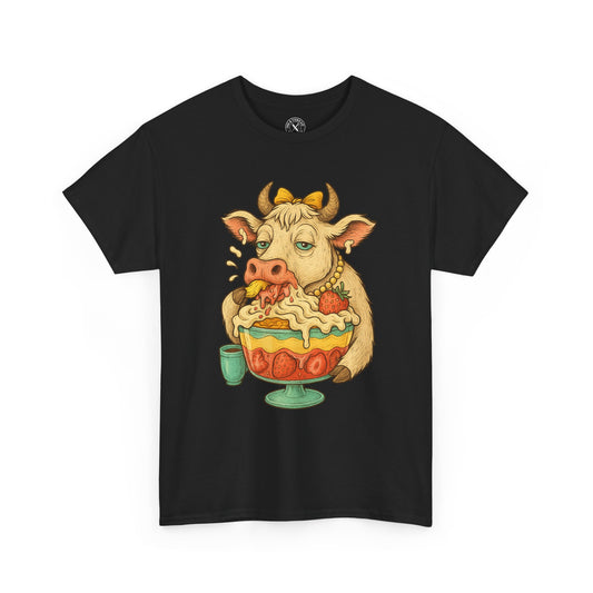 Black t-shirt with a cow eating ice cream sundae graphic on a white background