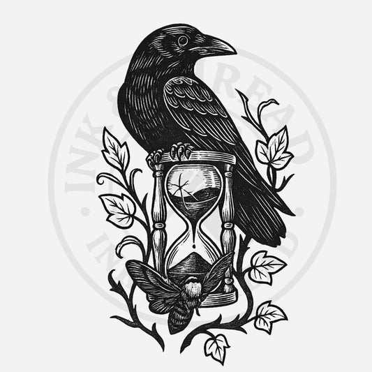 Black and white illustration of a crow, hourglass, and moth with leaves on a light gray background.