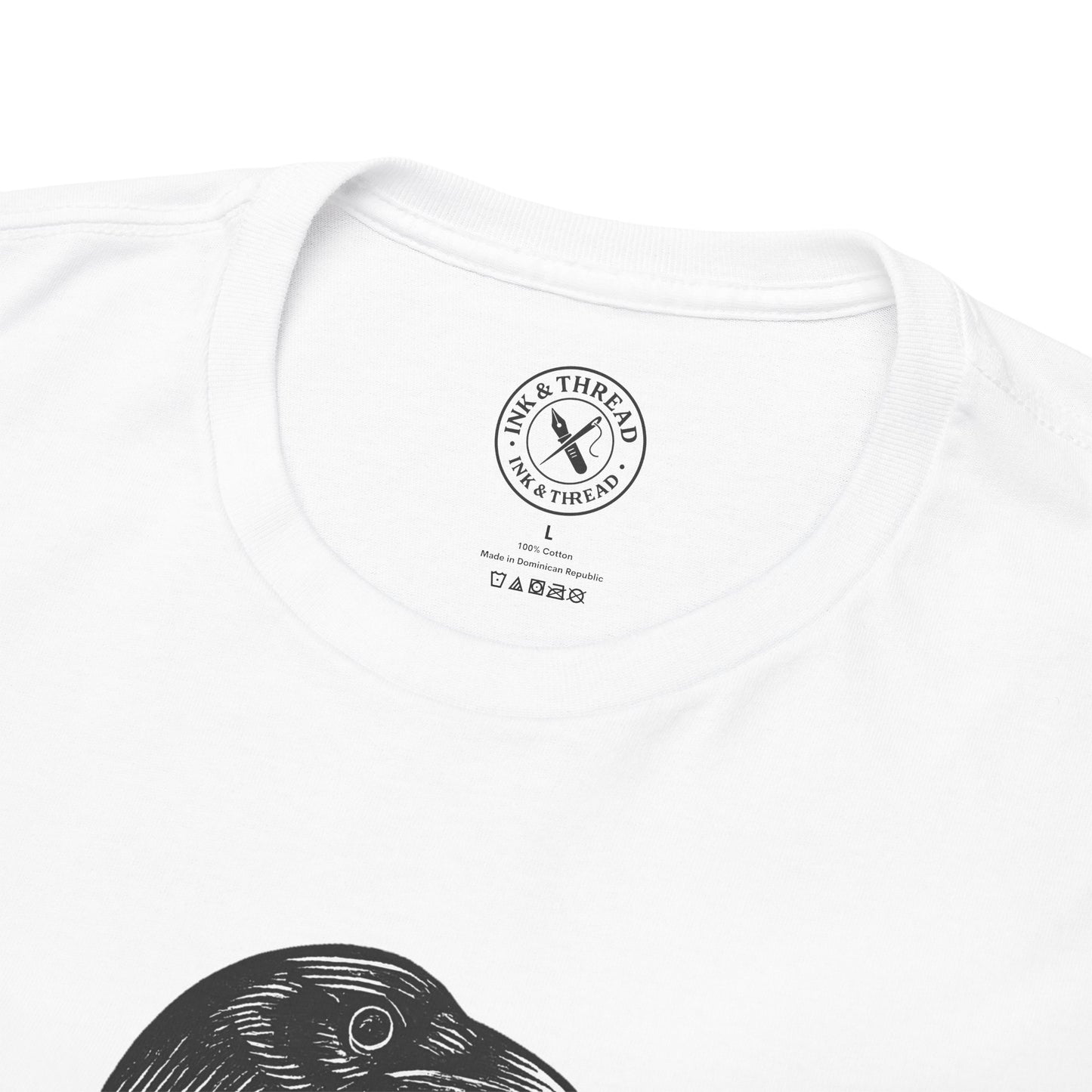 White t-shirt with black graphic design and 'Ink & Thread' logo on a white background