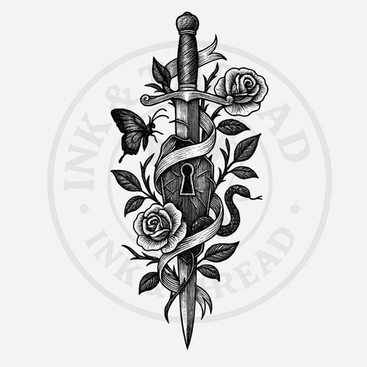 Black and white illustration of a dagger with roses, a butterfly, and a key on a white background.