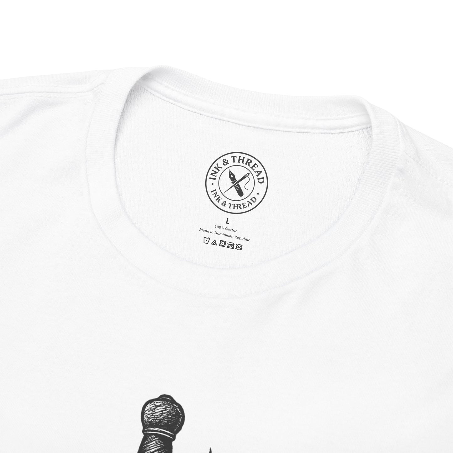 White t-shirt with black logo and text on a white background