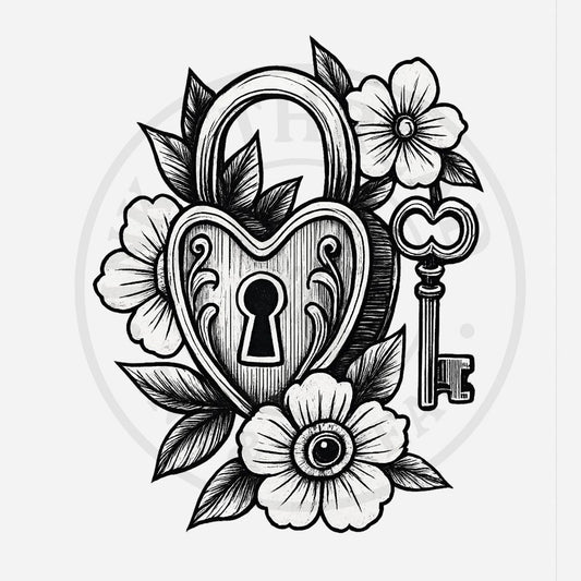 Black and white illustration of a heart-shaped lock with flowers and a key.