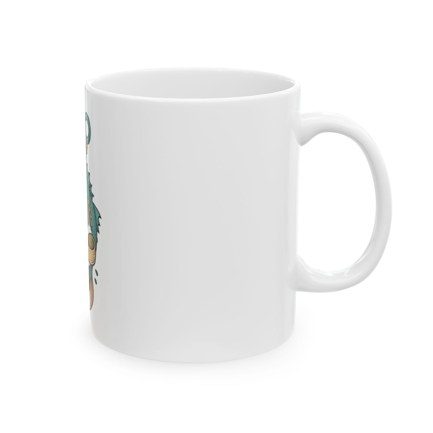 White mug with a graphic design on a white background