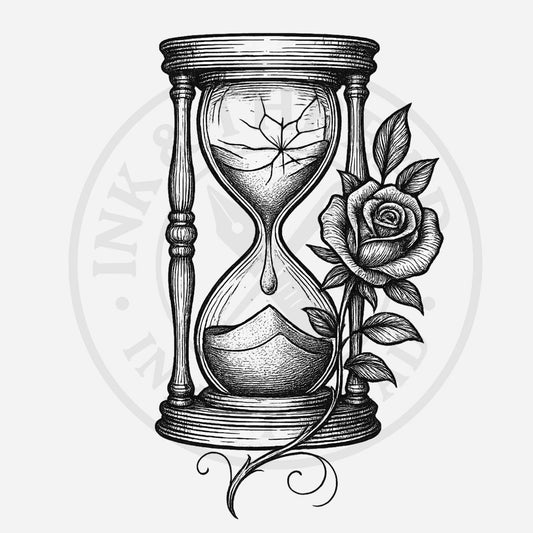 Black and white illustration of an hourglass with a rose.