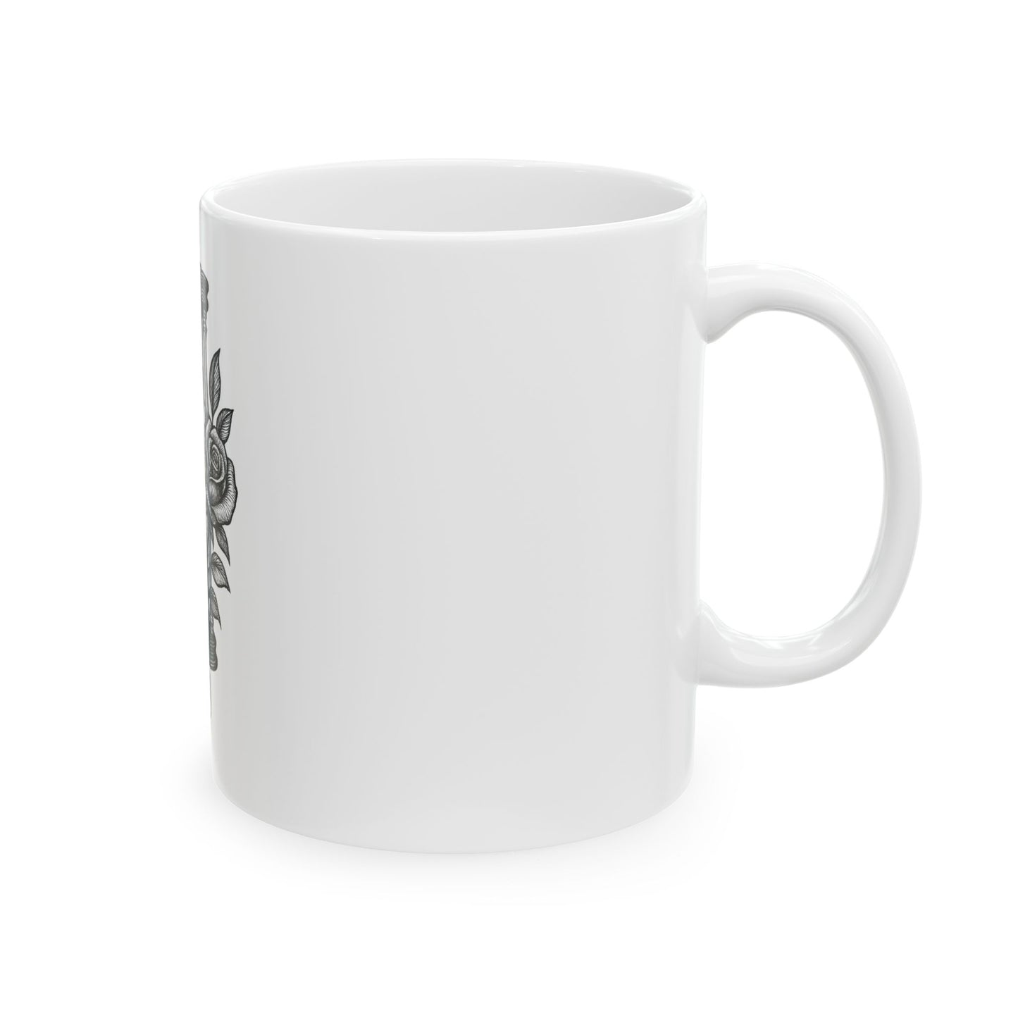 White mug with black text on a white background