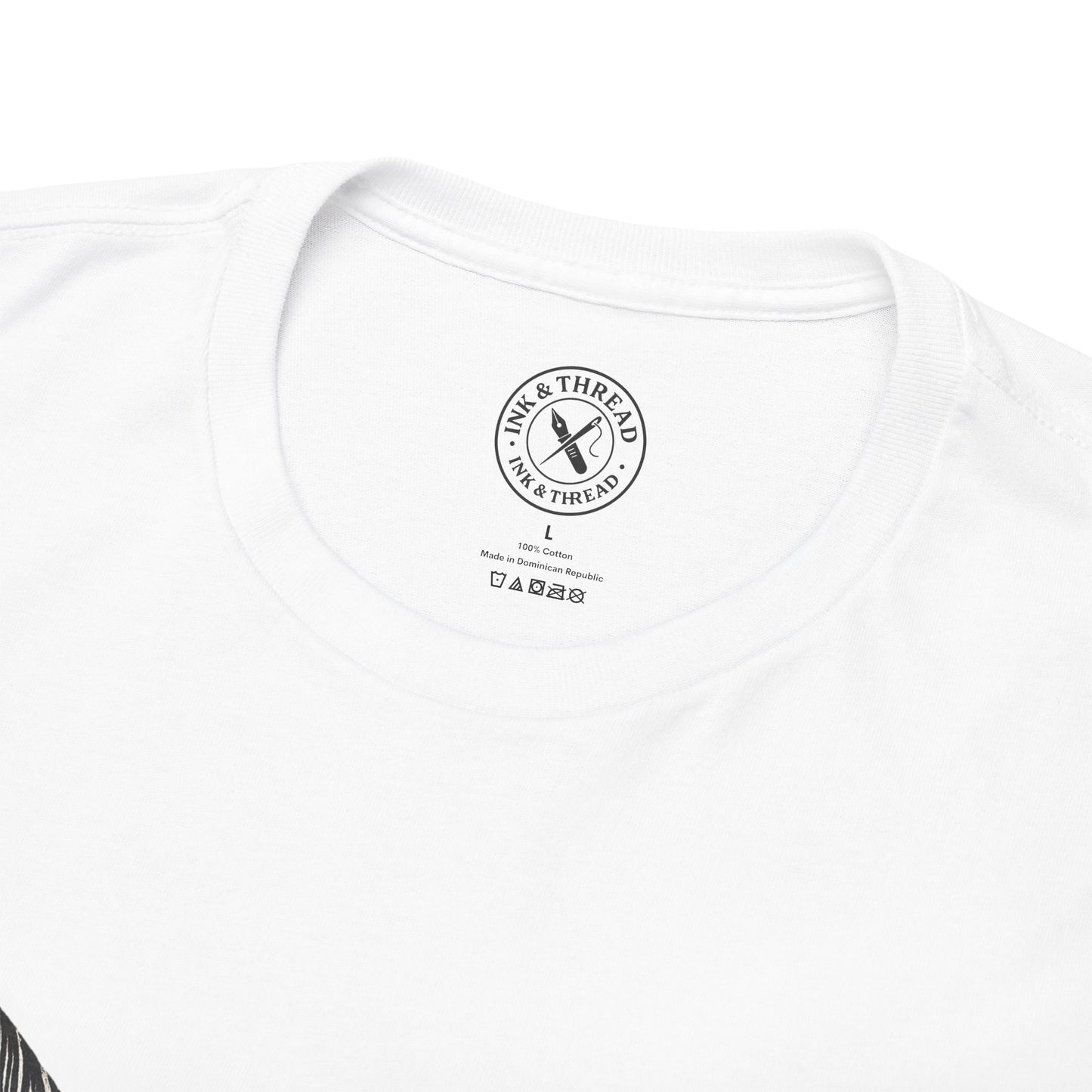 White t-shirt with 'Ink & Thread' logo on a white background