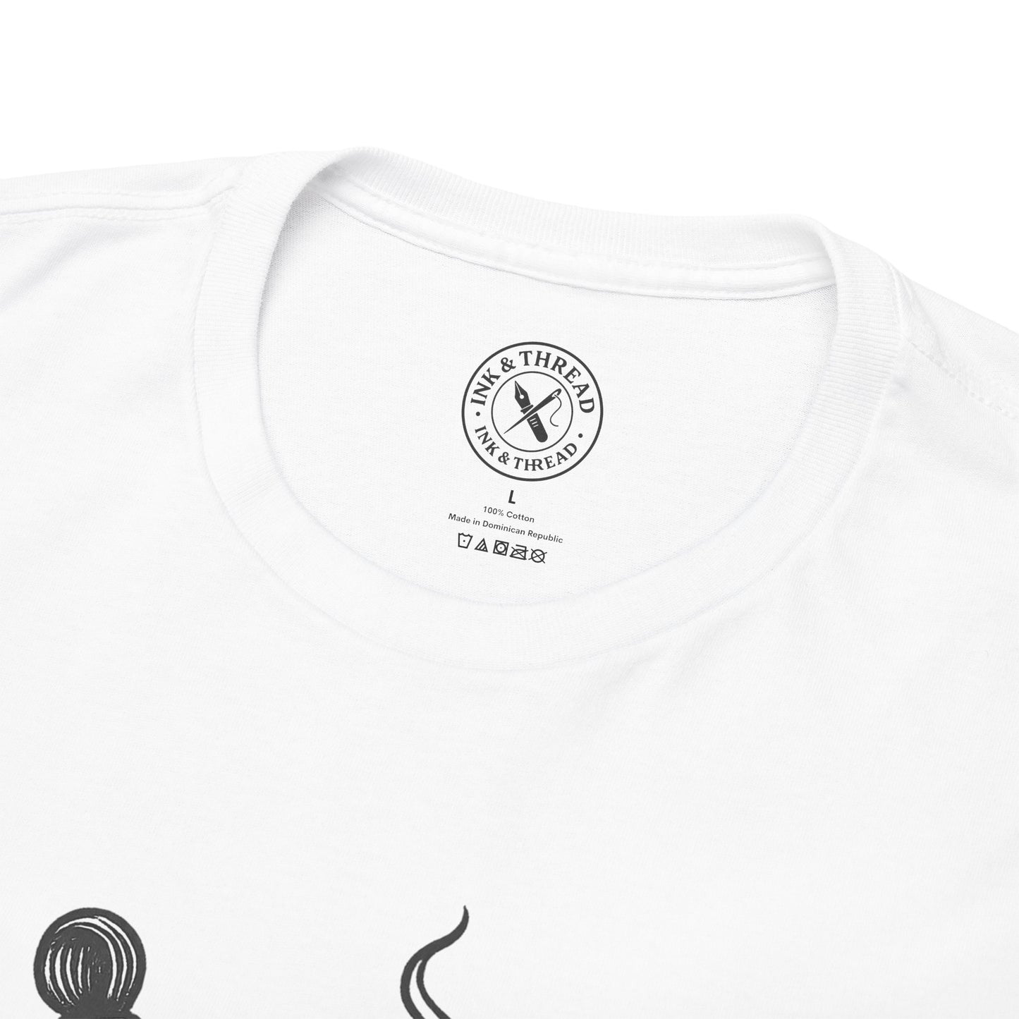White t-shirt with 'Ink & Thread' logo on a white background