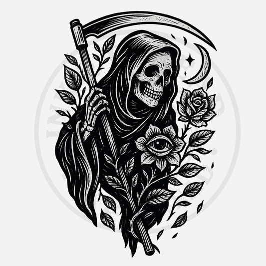 Black and white illustration of the Grim Reaper holding a scythe with roses and an eye in the background.