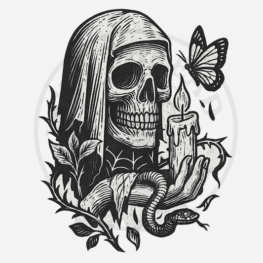 Black and white illustration of a skeleton holding a candle with a snake and butterfly, surrounded by leaves.