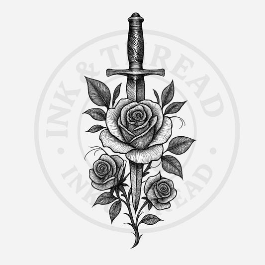 Black and white illustration of a dagger with roses on a white background